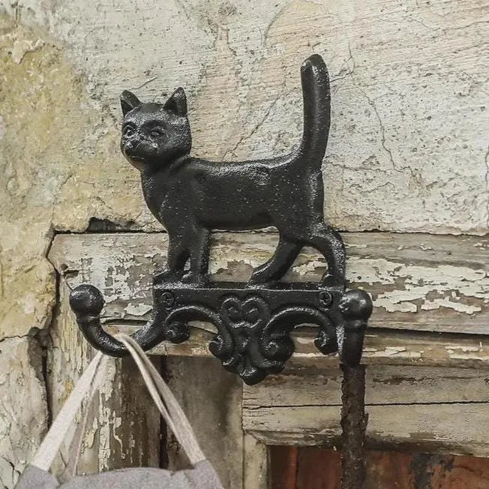 Cast Iron Cat Wall Hook Rustic Farmhouse Coat Hooks Vintage Style Entryway Decor